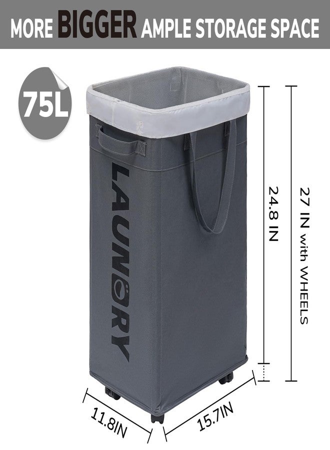 Goodpick Laundry Basket with Wheels, Laundry Hamper with Removable Wash Bag, Clothes Hamper, Rolling Laundry Basket, Dorm Room Essentials, 75L, Grey - Image 3